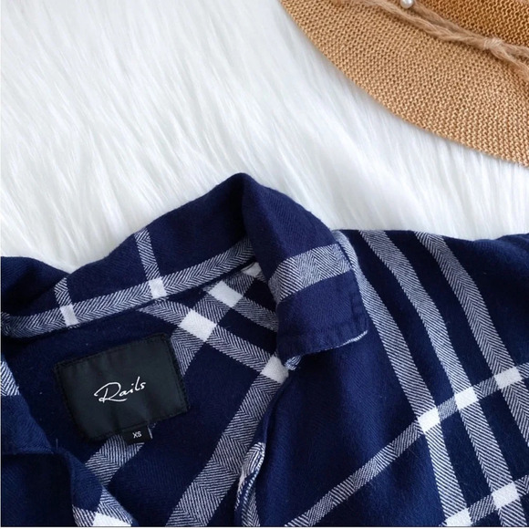 Rails Long Sleeve Trouser Pajama Top Shirt Navy Blue White Plaid Flannel XS - Picture 9 of 16